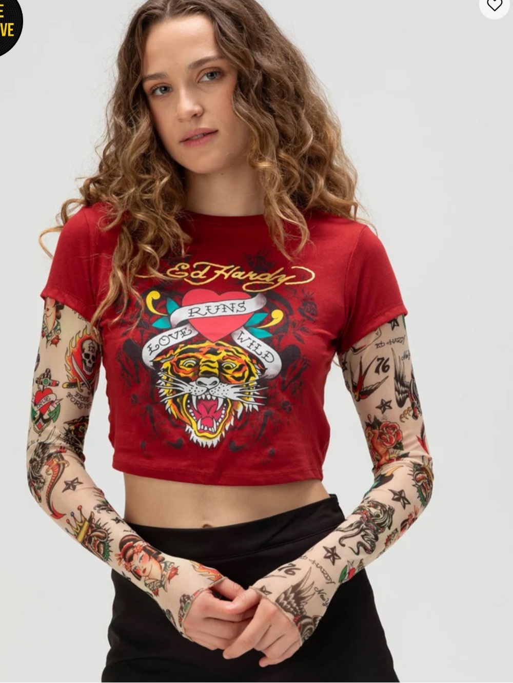 Ed Hardy Tiger Love Long Sleeve Baby Tee Crop Tattoo Sleeves Y2K Size Large